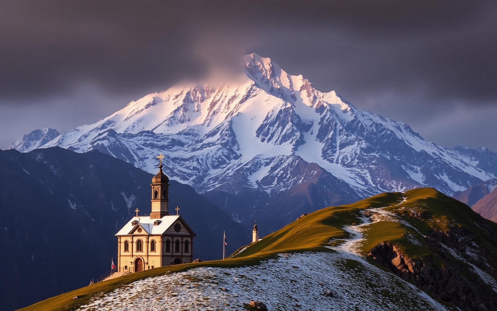 Mt. Kazbek peak with Gergeti Trinity Church